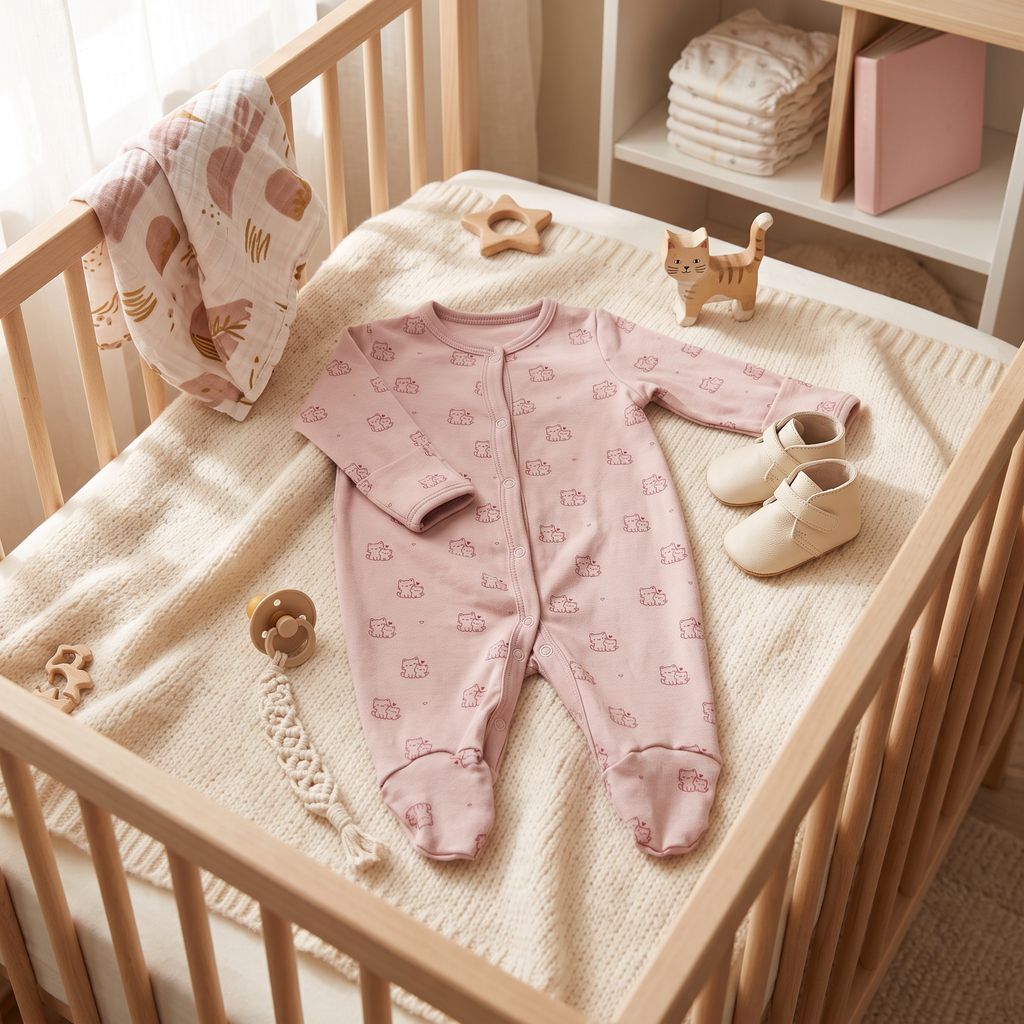 The Cat Footed Onesie, cat-and-heart print in pink