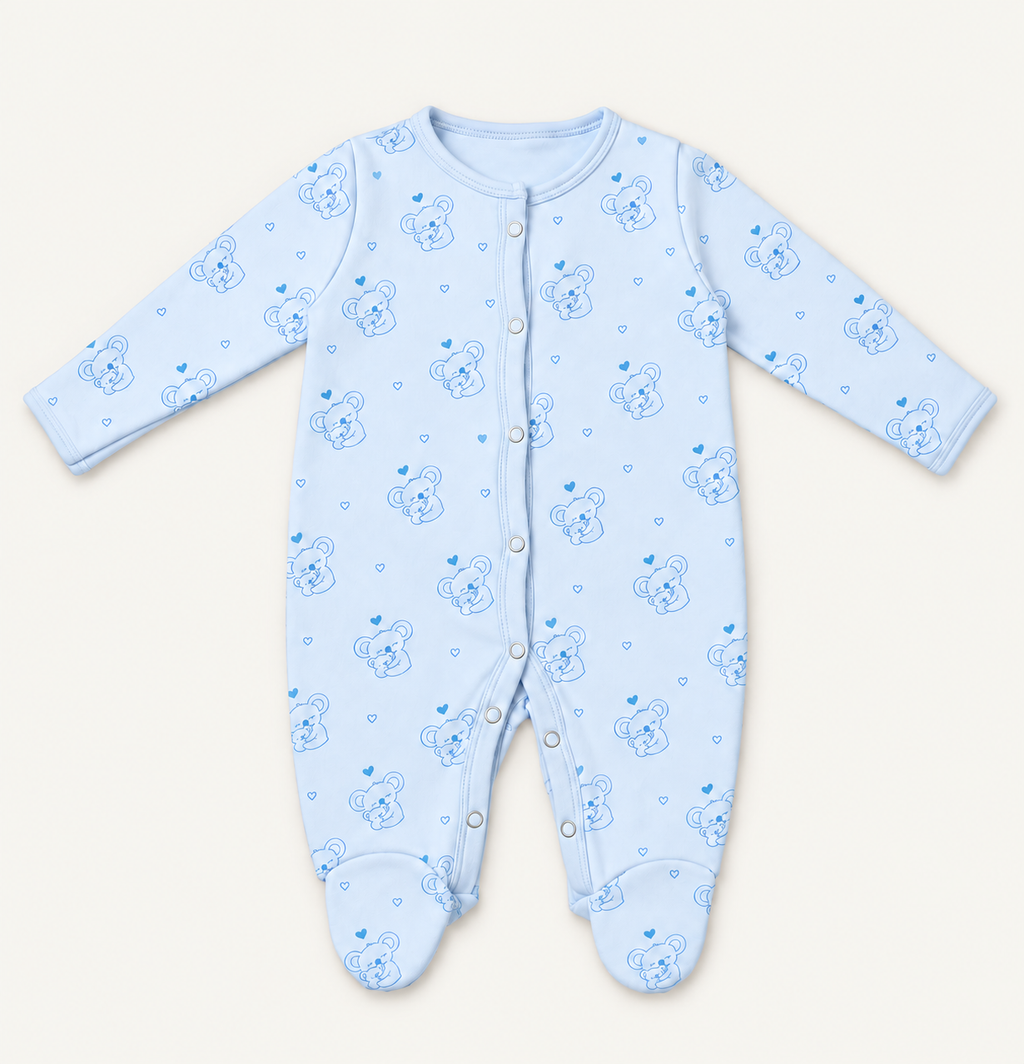 The Koala Footed Onesie, koala-and-heart print in blue