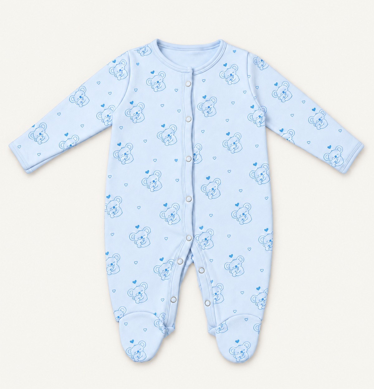 The Koala Footed Onesie, koala-and-heart print in blue