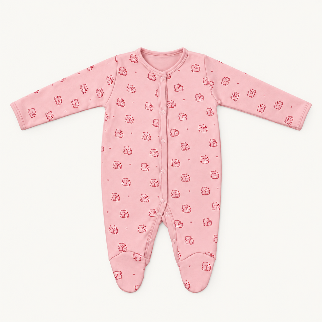 The Cat Footed Onesie, cat-and-heart print in pink