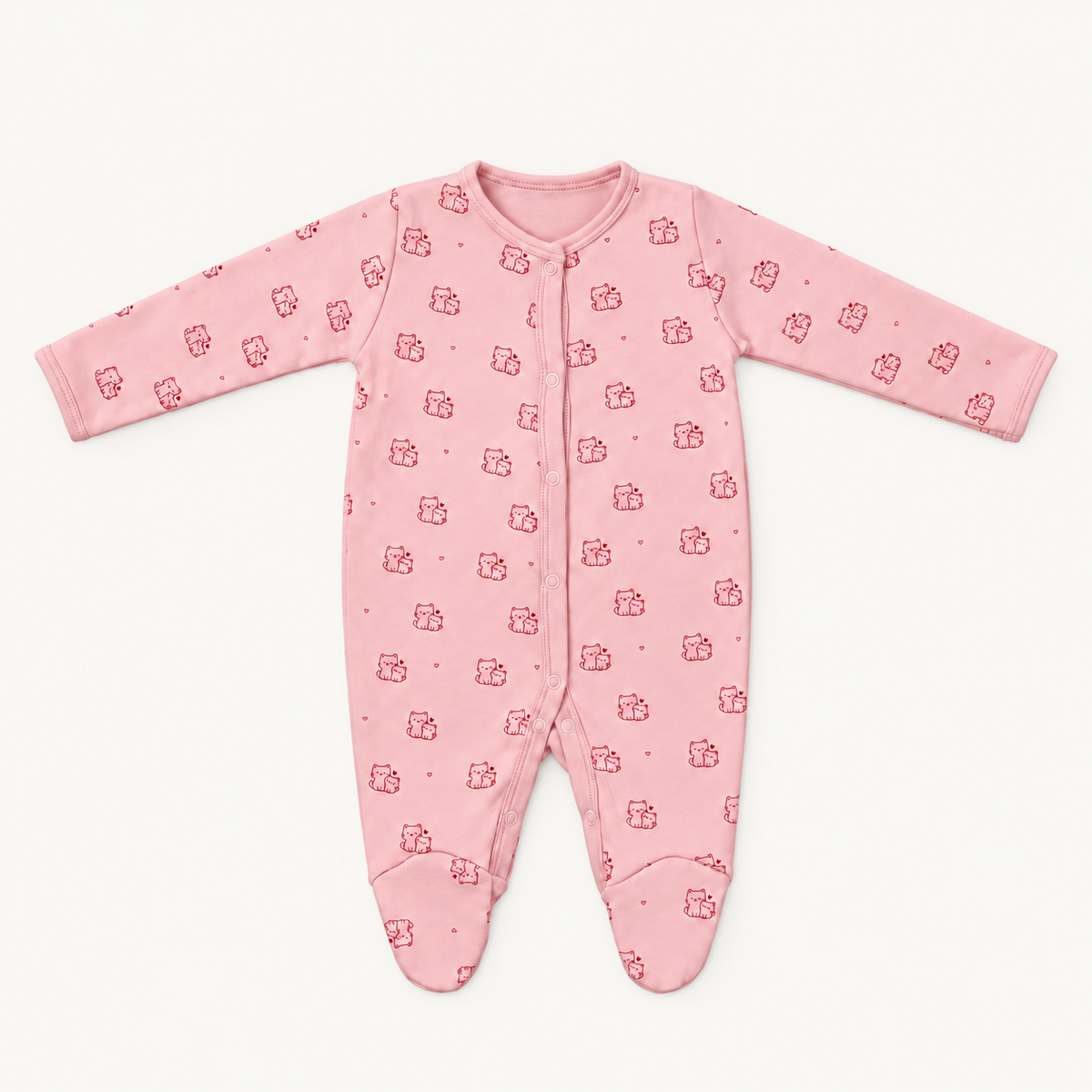 The Cat Footed Onesie, cat-and-heart print in pink