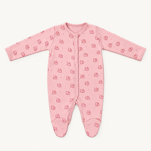 The Cat Footed Onesie, cat-and-heart print in pink