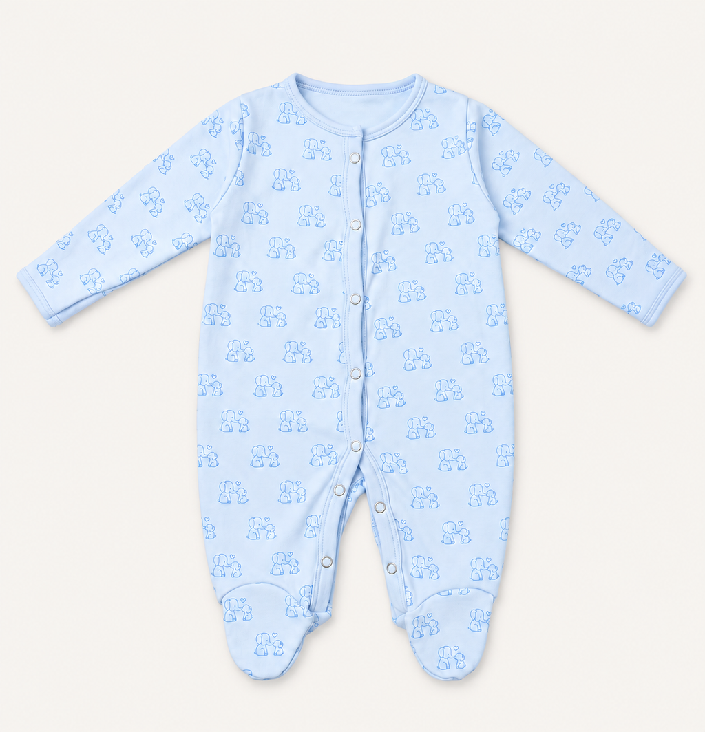 The Elephant Footed Onesie, elephant print in soft blue