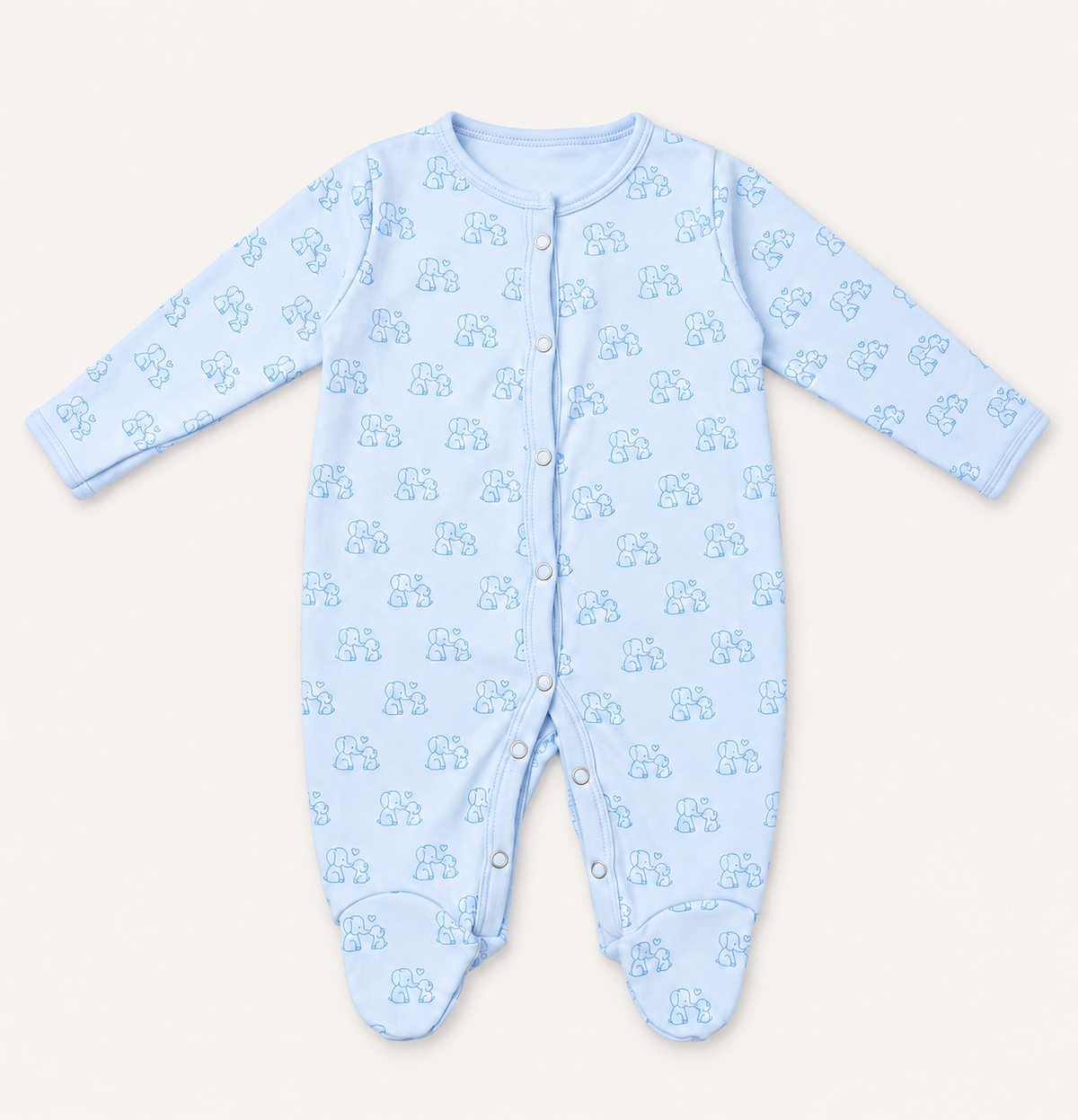 The Elephant Footed Onesie, elephant print in soft blue