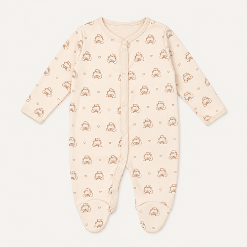 The Bear Footed Onesie, bear-and-heart print in off-white