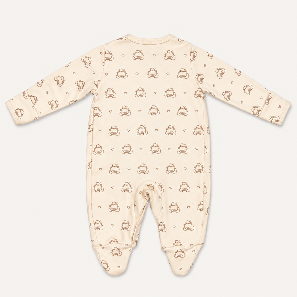 The Bear Footed Onesie, bear-and-heart print in off-white