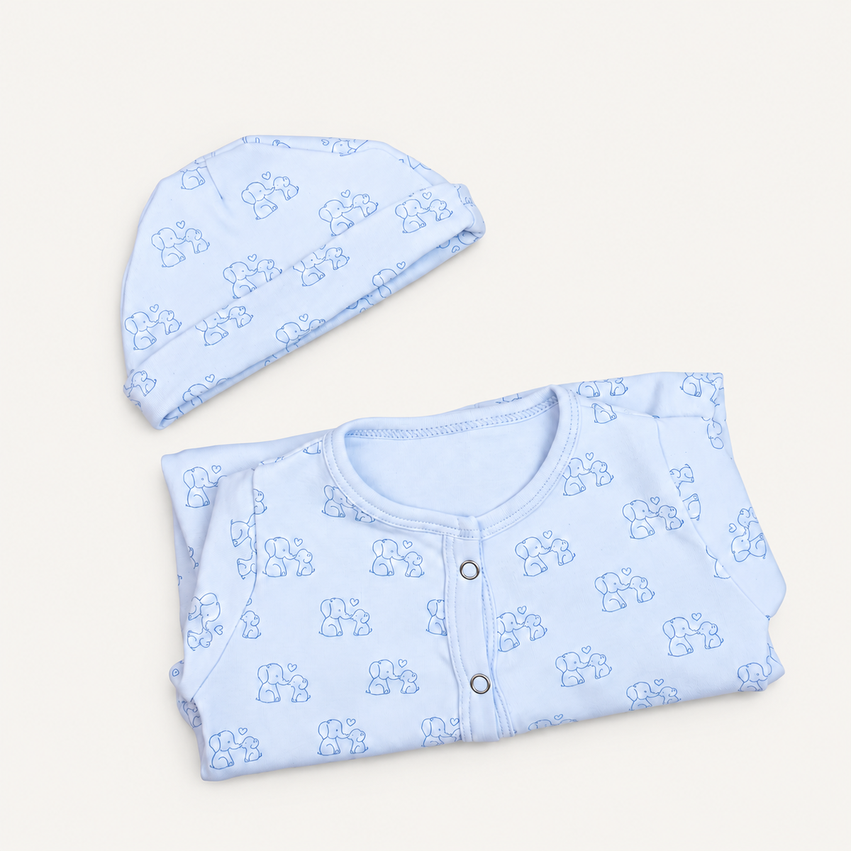 The Elephant Footed Onesie, elephant print in soft blue