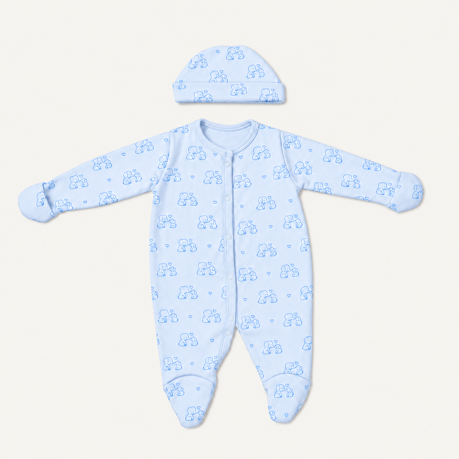 The Elephant Footed Onesie with its matching hat, elephant print in soft blue