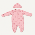 The Cat Footed Onesie with its matching hat, cat-and-heart print in pink