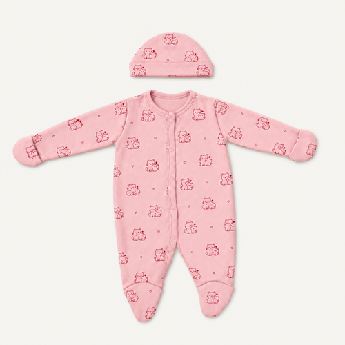 The Cat Footed Onesie with its matching hat, cat-and-heart print in pink