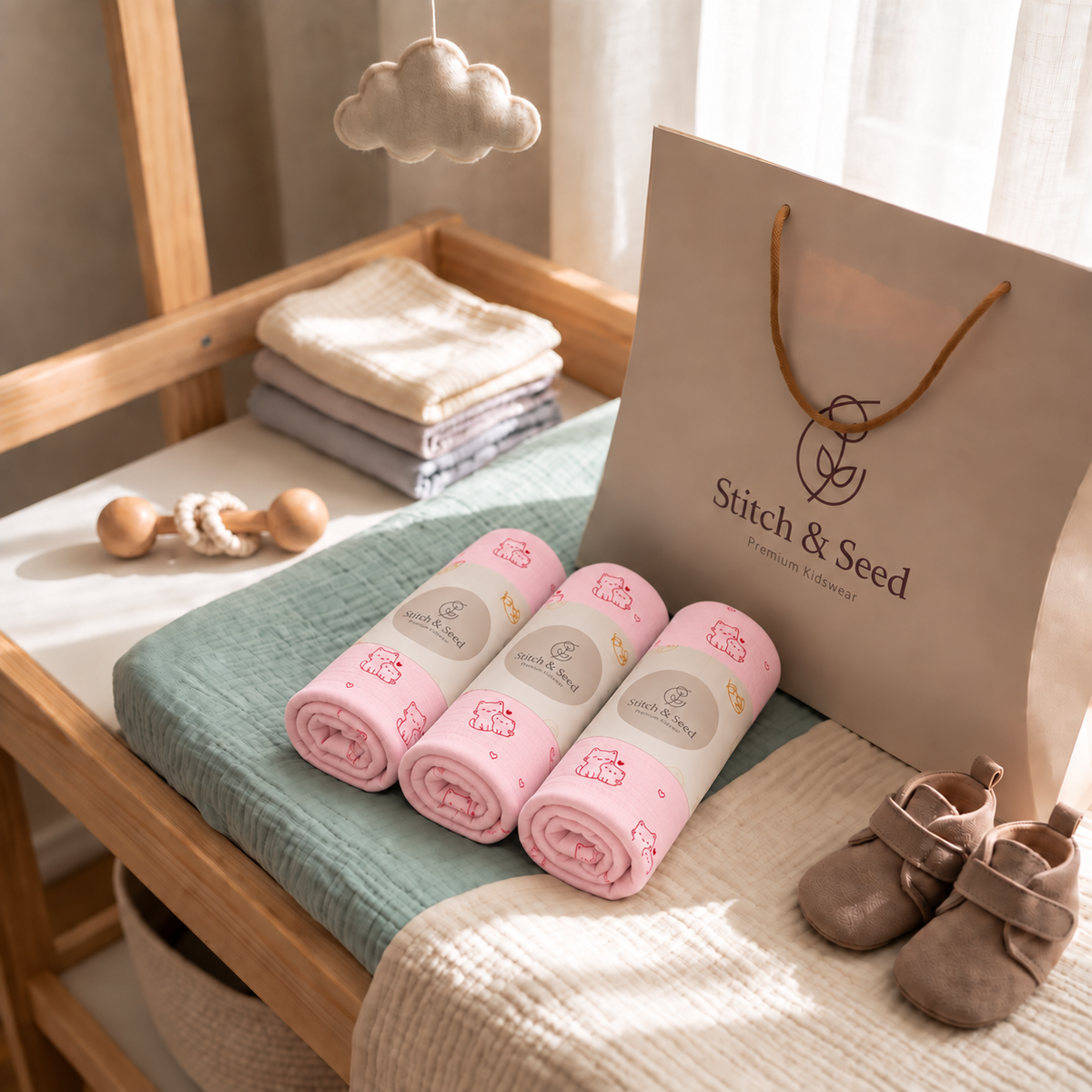 The Cat Footed Onesie, rolled, beside a Stitch & Seed paper bag