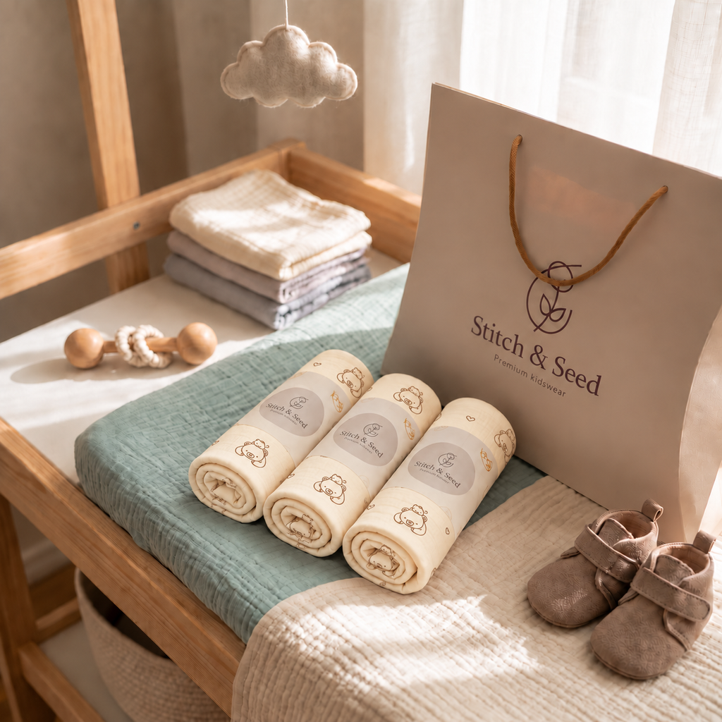 The Bear Footed Onesie, rolled, beside a Stitch & Seed paper bag