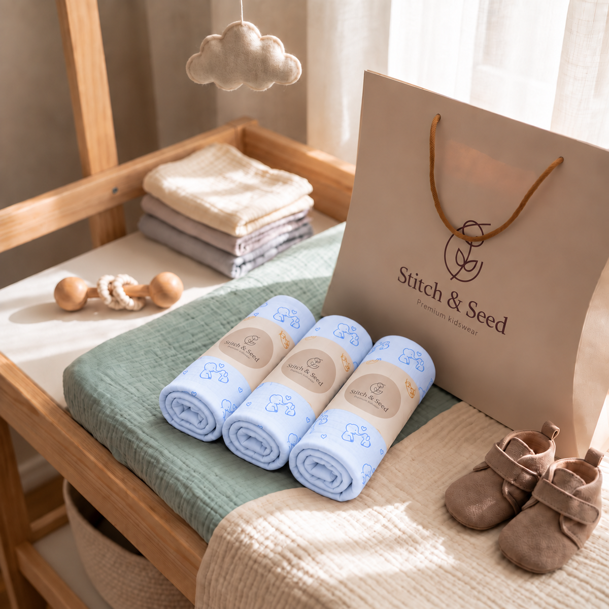 The Elephant Footed Onesie, rolled, beside a Stitch & Seed paper bag