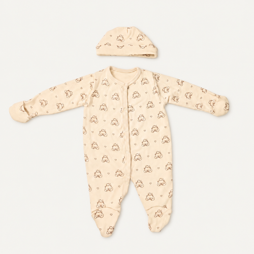 The Bear Footed Onesie with its matching hat, bear-and-heart print in off-white