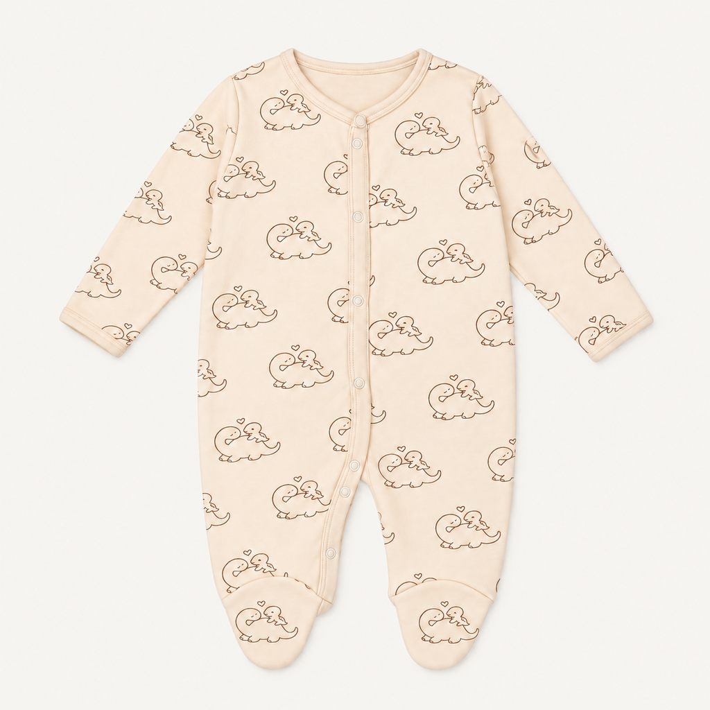 The Dino Footed Onesie, dinosaur-and-heart print in cream