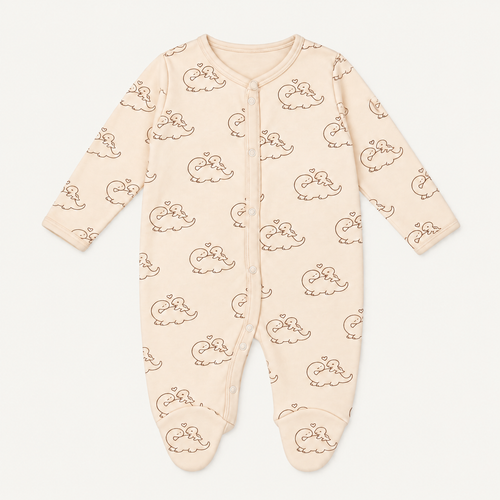 The Dino Footed Onesie, dinosaur-and-heart print in cream