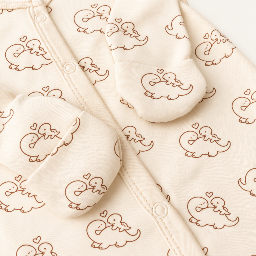 The Dino Footed Onesie, dinosaur-and-heart print in cream