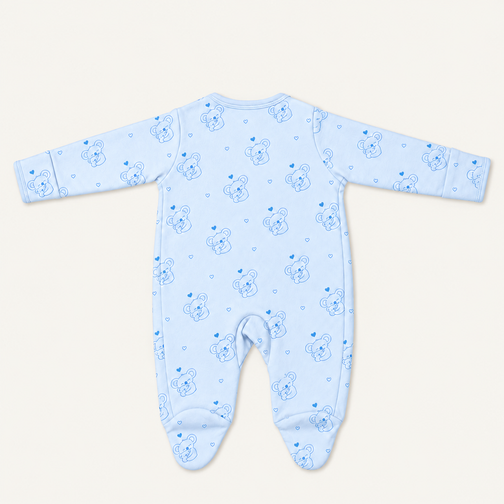 The Koala Footed Onesie, koala-and-heart print in blue