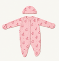 The Bunny Footed Onesie with its matching hat, bunny-and-heart print in pink