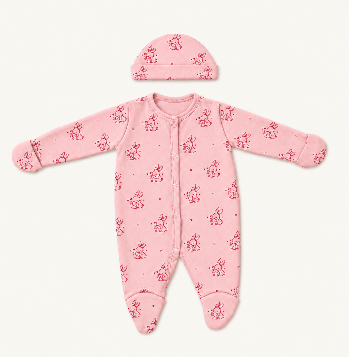 The Bunny Footed Onesie with its matching hat, bunny-and-heart print in pink