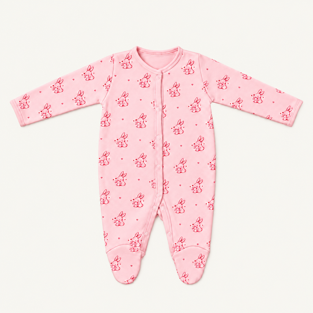 The Bunny Footed Onesie, bunny-and-heart print in pink
