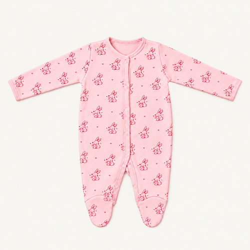 The Bunny Footed Onesie, bunny-and-heart print in pink