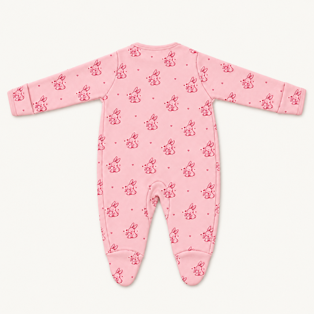The Bunny Footed Onesie, bunny-and-heart print in pink
