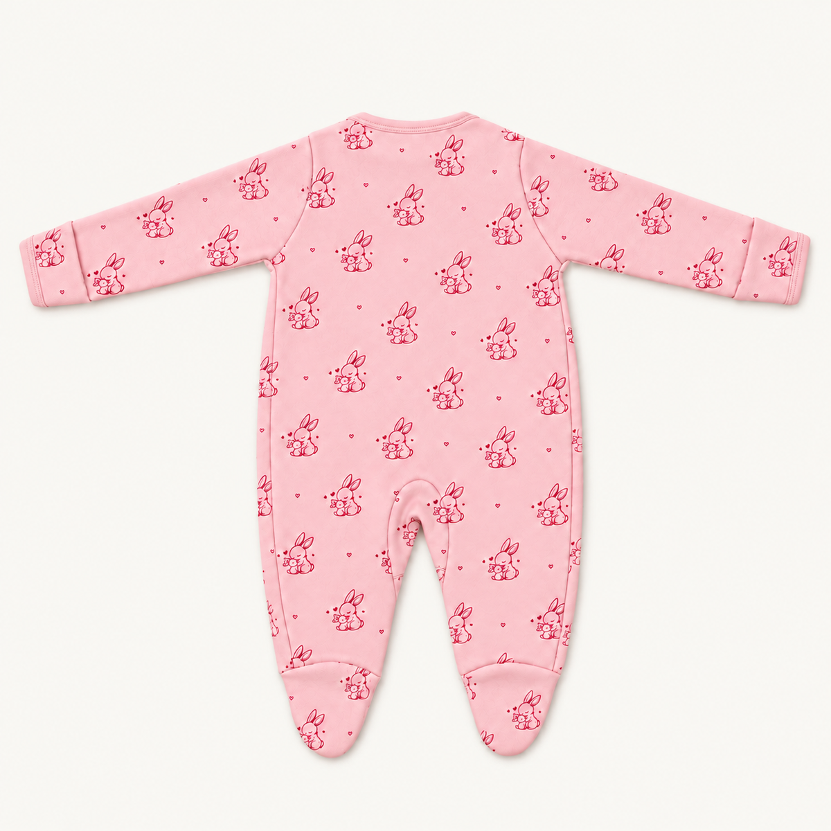 The Bunny Footed Onesie, bunny-and-heart print in pink