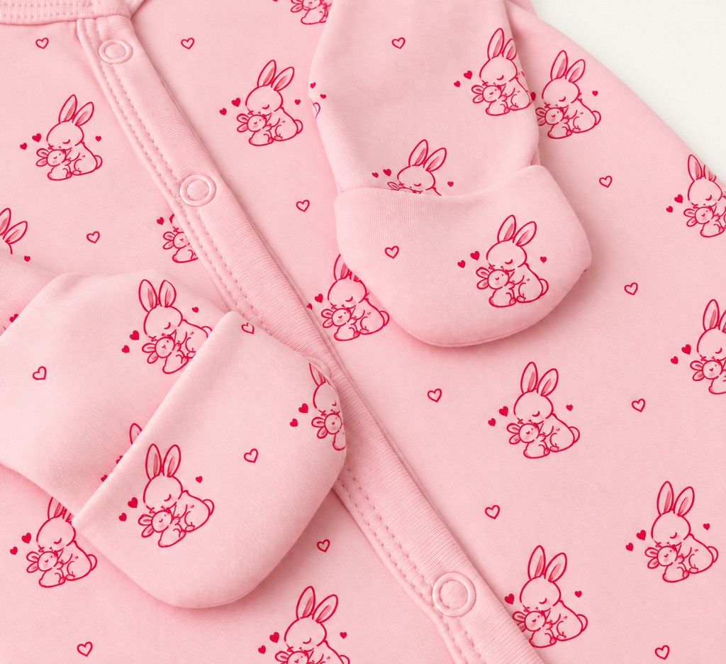 The Bunny Footed Onesie, bunny-and-heart print in pink