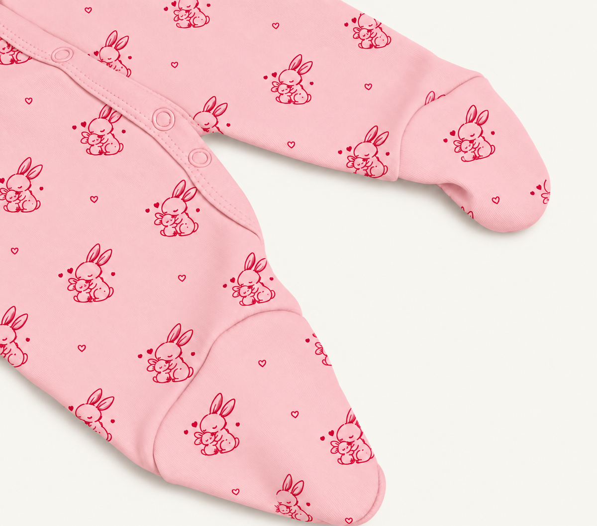 The Bunny Footed Onesie, bunny-and-heart print in pink