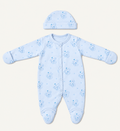 The Koala Footed Onesie with its matching hat, koala-and-heart print in blue
