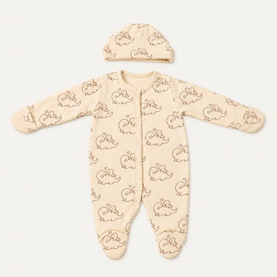 The Dino Footed Onesie with its matching hat, dinosaur-and-heart print in cream