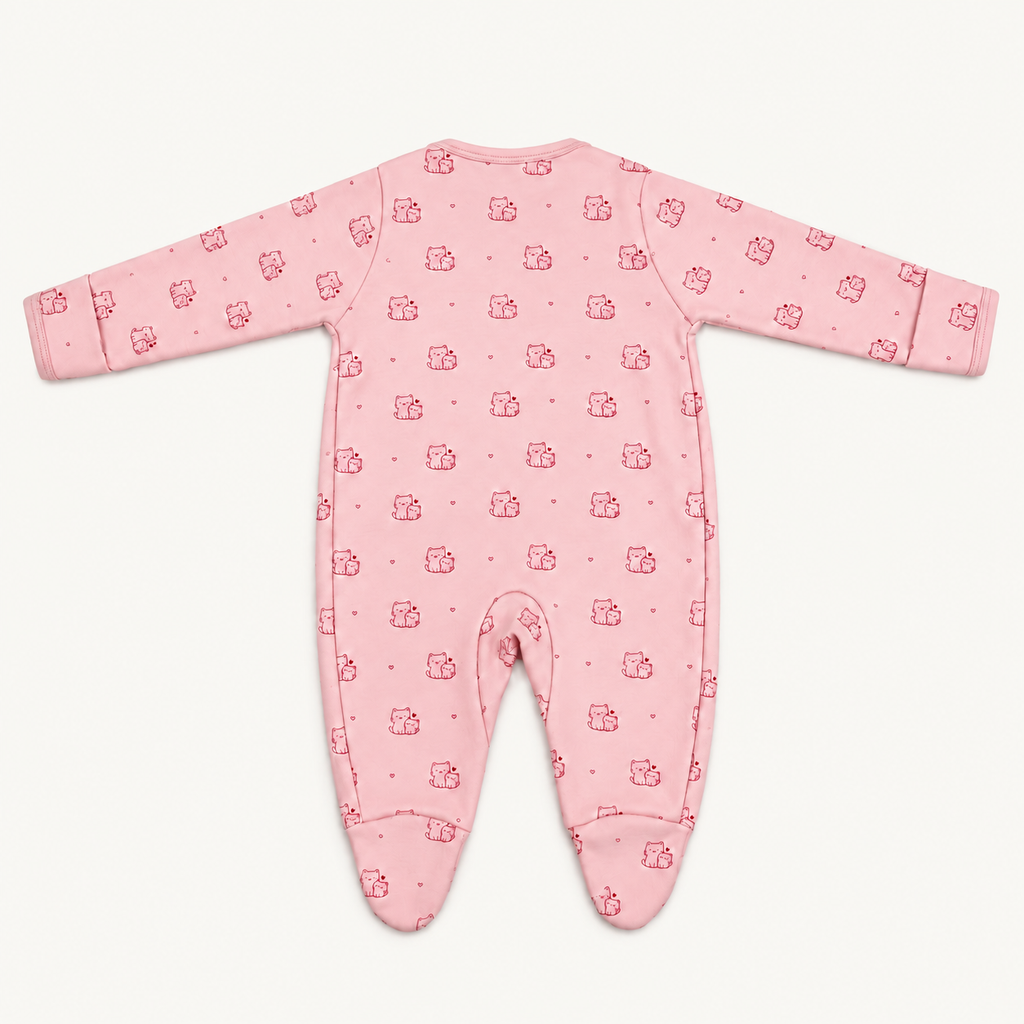 The Cat Footed Onesie, cat-and-heart print in pink