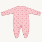 The Cat Footed Onesie, cat-and-heart print in pink